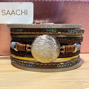 Brand New Multi-Strap Beaded Vegan Leather Wrap Magnetic Clasp Metallic Bracelet